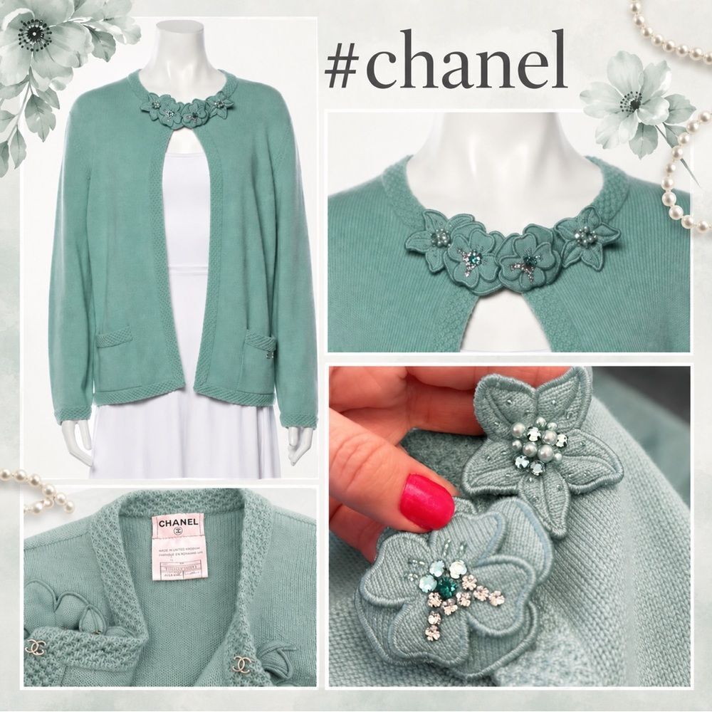 AUTHENTIC *CHANEL* Coastal Chic Floral Appliqué CASHMERE Sweater XL FR46